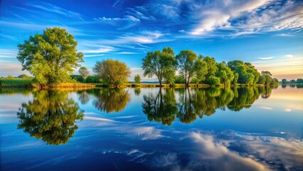 Obraz premium Reflection of trees and sky in calm water surface , nature, serene, mirror image, tranquil, peaceful, lake, scenic, reflection