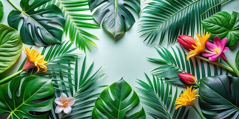 Tropical greenery flat lay featuring lush palm leaves, monstera leaves, and tropical flowers, tropical, green, lush