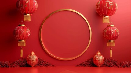 Red Chinese Lanterns with Golden Circle on Red Background.