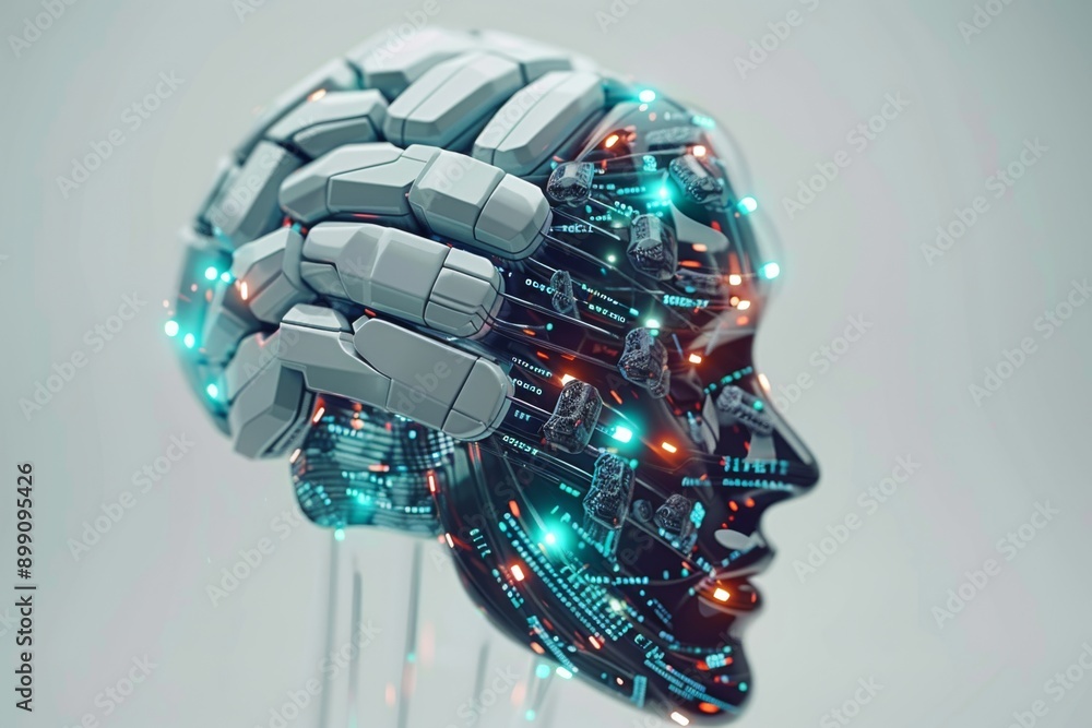 Poster human head with cybernetic enhancements emphasizing advanced ai cybernetic technology and futuristic
