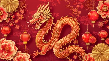 Chinese Dragon with Red Lanterns and Flowers.