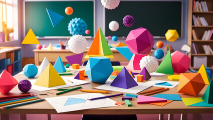 creative workspace classroom studio education class children students kids child school creativity 3D geometric shapes art spheres pyramids polygons colorful art artistic mathematical vibrant