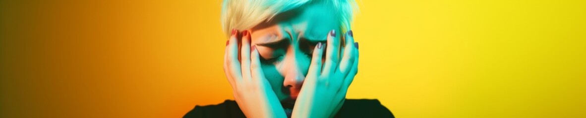 Woman with Hands Covering Face in a Colorful Studio Portrait