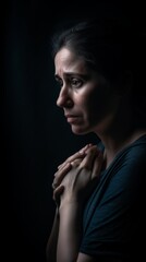 Woman with Sad Expression Looking Down with Hands Clasped