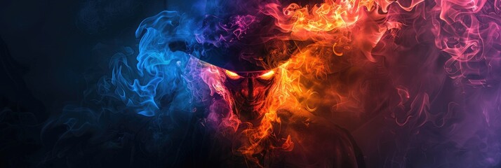 Fototapeta premium Abstract flames in vibrant hues forming the shape of a sinister scarecrow