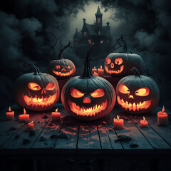 Scary Halloween candle making decorations light displays Jack-o-Lantern Pumpkins on rustic wooden background