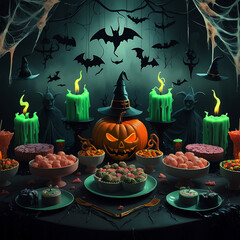 Scary Halloween candle making decorations light displays Jack-o-Lantern Pumpkins on rustic wooden background