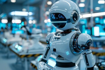 Robotic assistant in a high tech laboratory symbolizing AI integration advanced technology and cybernetic innovation in a futuristic medical environment