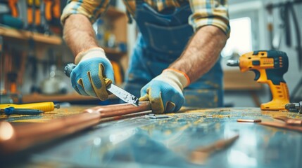 Skilled Plumber Cutting Insulation for Copper Pipe in Organized Workshop