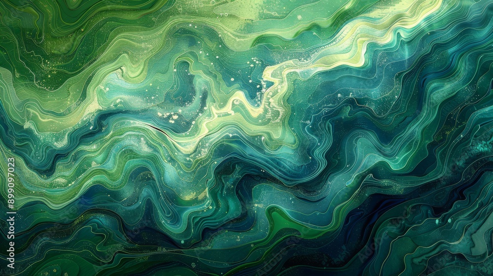 Poster dynamic wave patterns with varying shades of green and blue flowing across the canvas