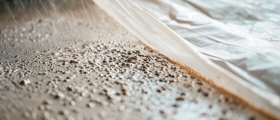 Concrete Curing Technique: Close-up of Plastic Sheeting Covering Fresh Concrete with Weights for Perfect Curing Process and Texture Detail