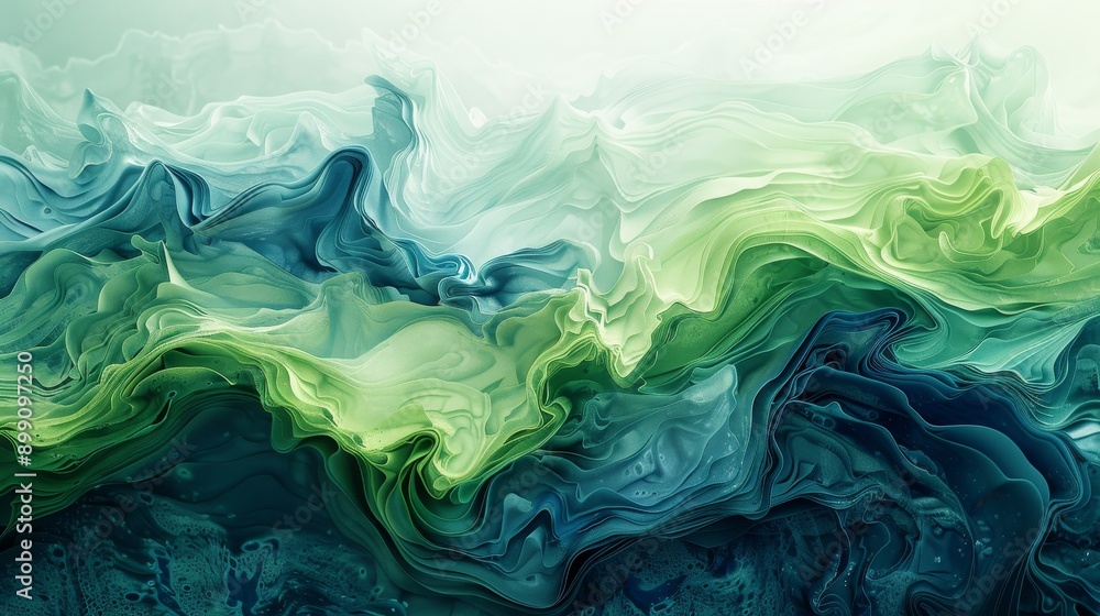 Poster dynamic wave patterns with varying shades of green and blue flowing across the canvas