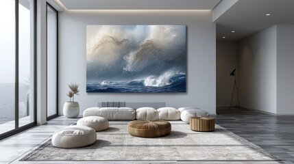 Large artwork depicting crashing waves hanging on a wall in a modern living room with a view of the sea