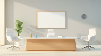 A computer generated image of a school with a white board and benches