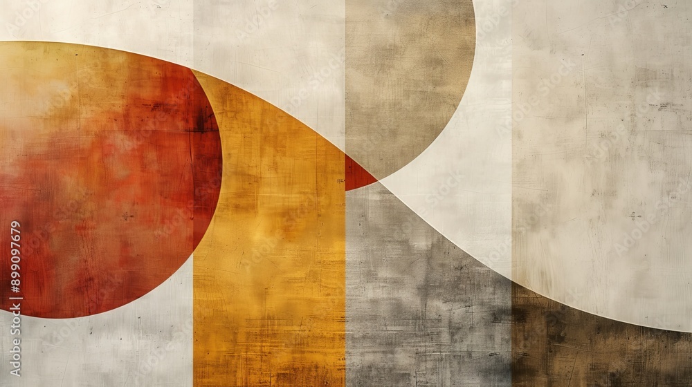 Poster minimalist design featuring intersecting lines and shapes in muted earth tones