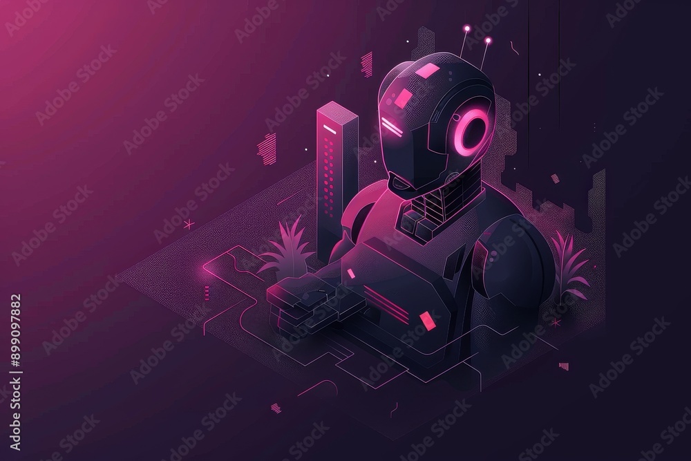 Poster digital holographic human face in a high tech environment representing ai integration cybernetic adv