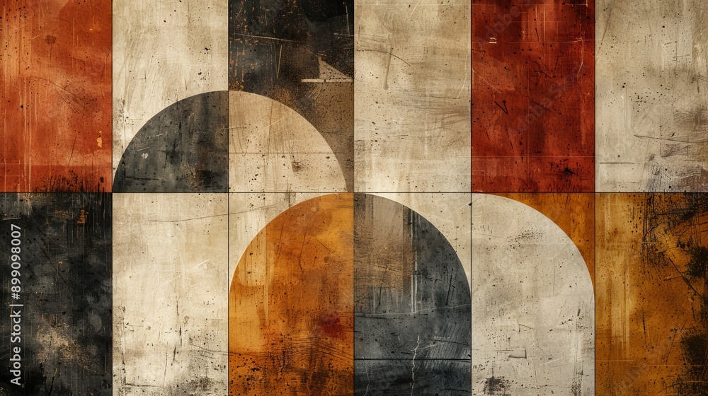 Poster minimalist design featuring intersecting lines and shapes in muted earth tones