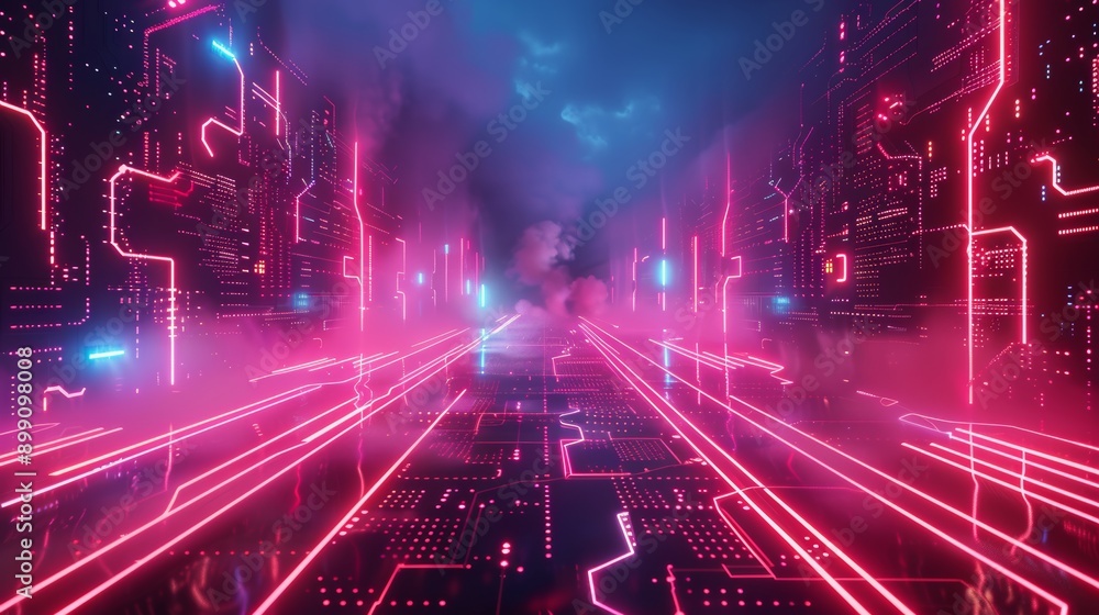 Poster futuristic digital landscape with neon lights and circuit-like patterns in a dark background