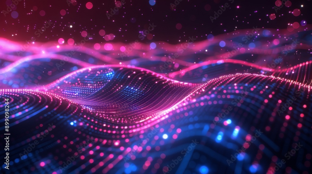 Poster futuristic digital landscape with neon lights and circuit-like patterns in a dark background