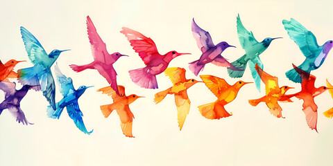 "Colorful Birds in Flight in Artistic Watercolor Illustration, Vibrant Avian Art Depicting Freedom and Movement"

