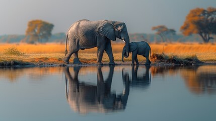 African elephant mother and her calf are walking side by side in still water with their reflections visible