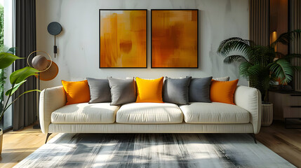 Modern Living Room Interior Design with White Sofa and Orange Cushions 3D Illustration