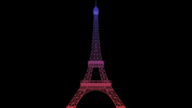 Neon animation reading 'Paris 2025' in red and blue with a blinking effect, featuring a black background and the Eiffel Tower in red and blue