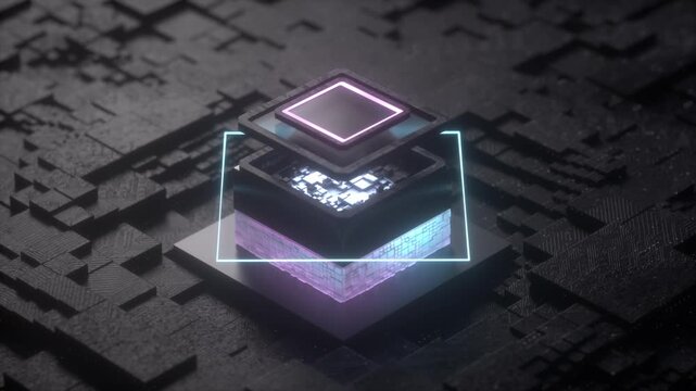 Futuristic Digital Computer Chip with Neon Lights