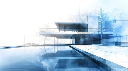 Fototapeta premium Modern House Design with Swimming Pool in Sketch Style.