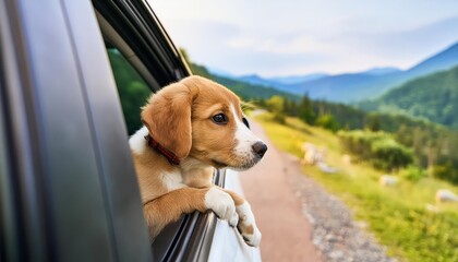 A puppy looks out the car window at a mountain landscape