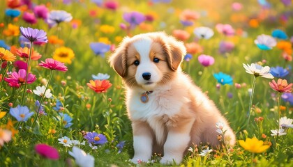 A puppy sits in a field of colorful flowers