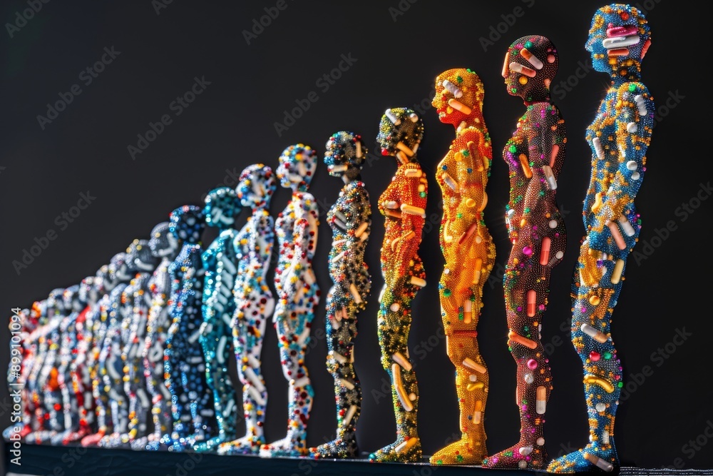 Poster line of cybernetic figures with digital enhancements symbolizing advanced ai cybernetic technology a