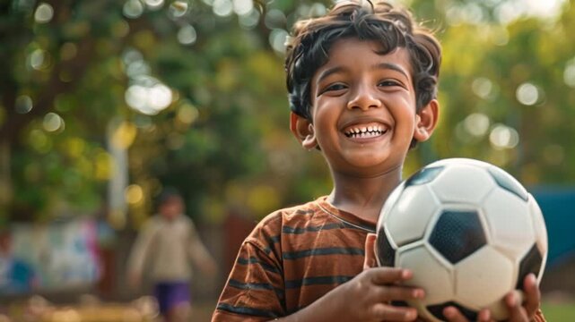 Indian happy kid playing soccer or holding football outdoors