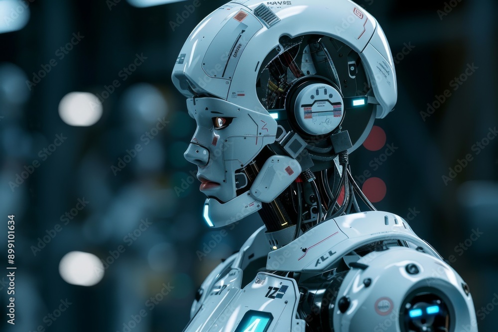 Poster cybernetic head with visible circuitry symbolizing advanced ai cybernetic technology and futuristic 