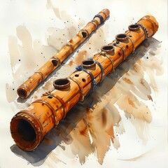 Naklejka premium A watercolor depiction of a wooden flute with delicate carvings