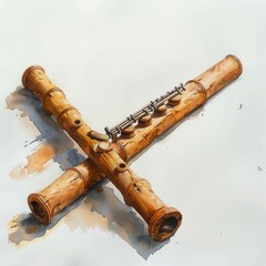 Fototapeta premium A watercolor depiction of a wooden flute with delicate carvings