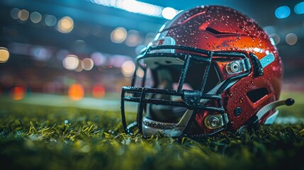 Red football helmet is lying on the grass of a stadium field at night, illuminated by stadium lights