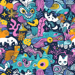 Explore a world of playful patterns and whimsical illustrations!  Perfect for sparking creativity, these doodle art designs are full of charm and fun.Generative Ai Illustratrions.