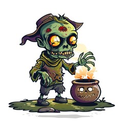 11. a cute zombie with a cauldron, Halloween element, fantasy style, dark colors, isolated on white background