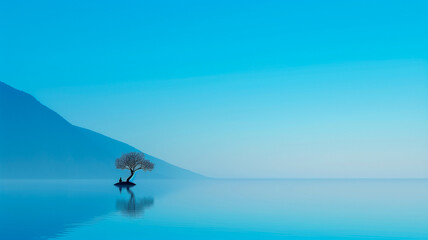 Fototapeta premium Serene Lake Scene with Lone Tree and Reflection 