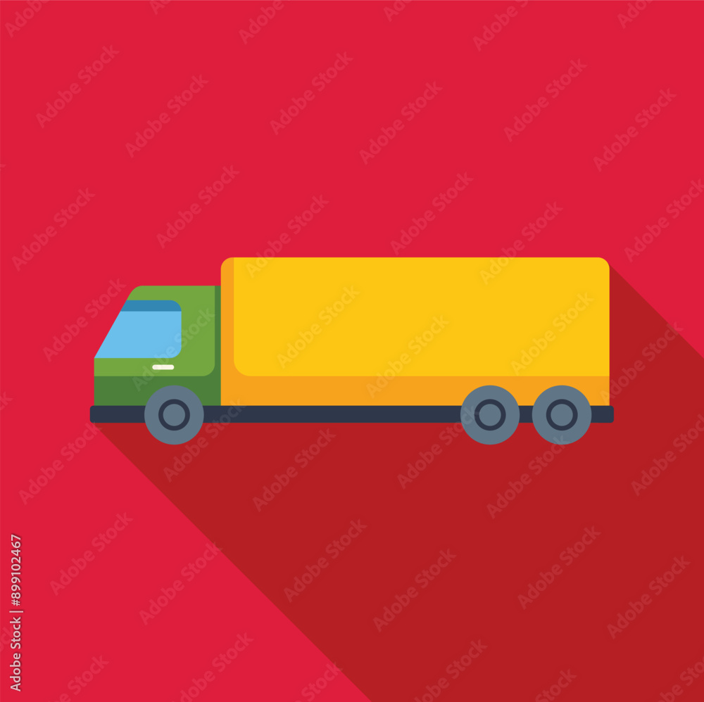 Sticker Green delivery truck transporting goods, simple colorful illustration with long shadow on red background