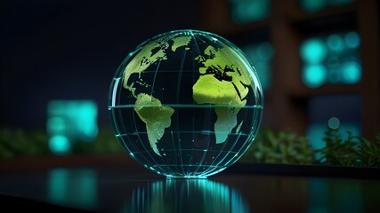 globe hologram light effects in green nature with the icon of Environment. Technology Environment for sustainable business on green company Concept. Generative AI