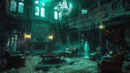 Haunted mansion interior with broken chandeliers, dusty old furniture, ghostly figures, eerie green glow, dark and atmospheric, high resolution, gothic horror style