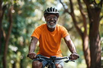 A joyful mature black man wearing glasses and an orange shirt rides a bike in a vibrant park setting
