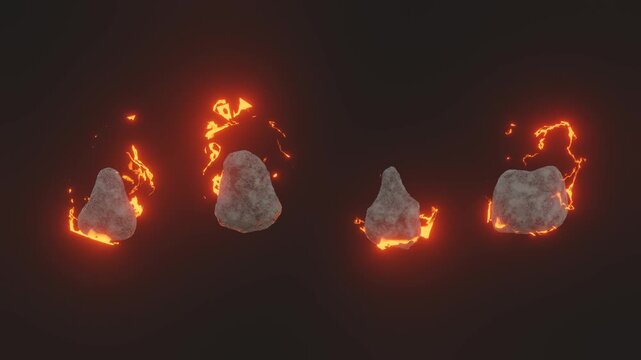 Motion of Space meteor, comet or asteroid with fire trail. flaming anthracite rocks.Galaxy and astronomy science animation Realistic 3d  illustration