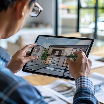 5. Real estate agent using a tablet to show virtual property tours to a potential buyer, illustrating innovative real estate marketing.