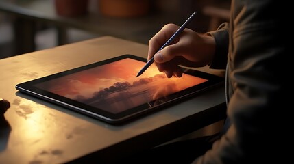 A close-up of a digital artist's hand using a stylus to create a detailed illustration on a tablet