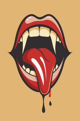 Red tongue and lips with bloods liquid vintage effect and retro for your design Tshirt, or apparel design