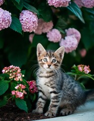 A tabby kitten sits in front of a bed of pink flowers
