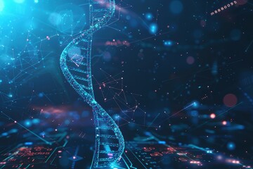 A glowing blue DNA helix against a dark blue background with connecting lines and dots